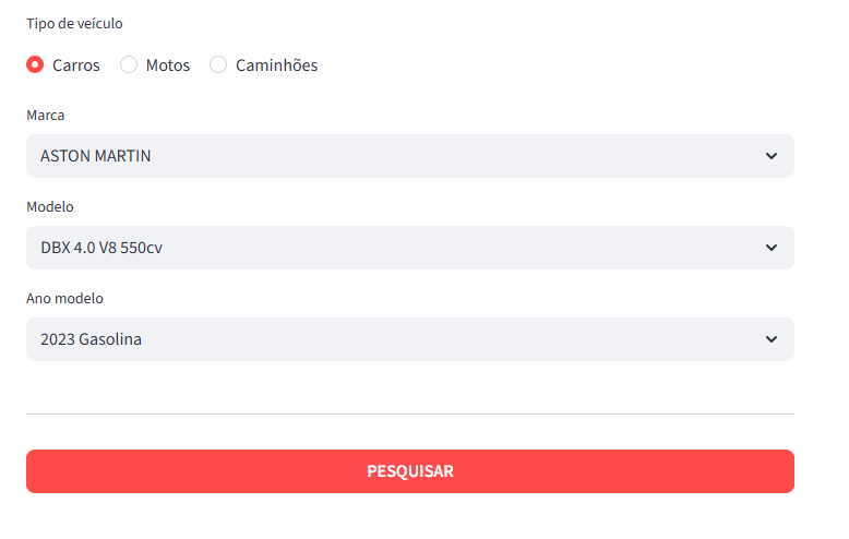 Formulário: tipo, marca, modelo e ano modelo